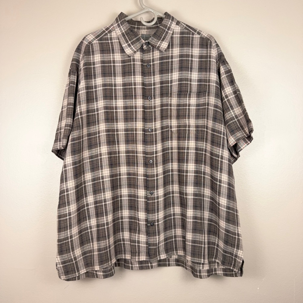 Dockers Recode Mens XXL Brown Plaid Linen Rayon Short Sleeve Button Down Shirt